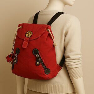 Kipling Red Nylon Backpack w/ Monkey Keychain & Adjustable Strap - 13"x12"x4"